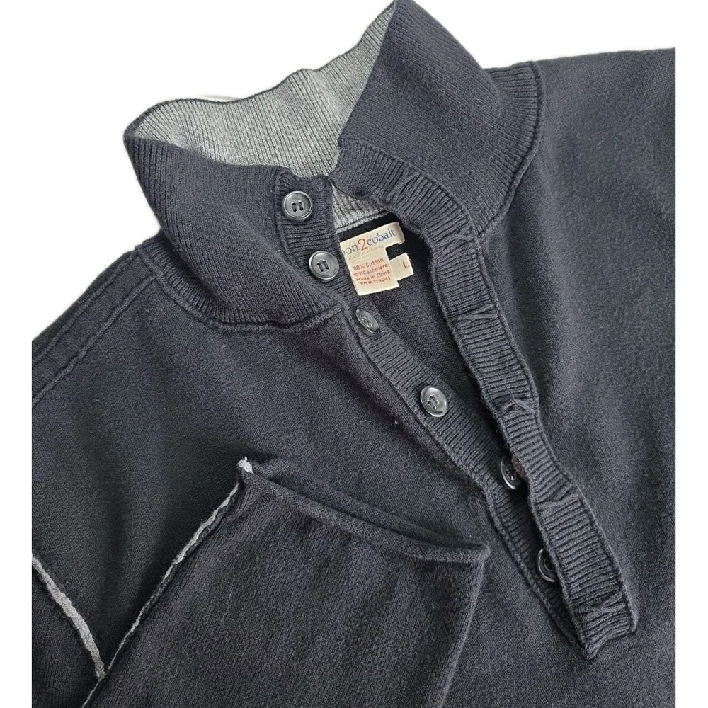 Carbon 2 Cobalt Black Gray Sweater Cashmere Cotton Blend Men's Sz. L‎ 1/4 Button